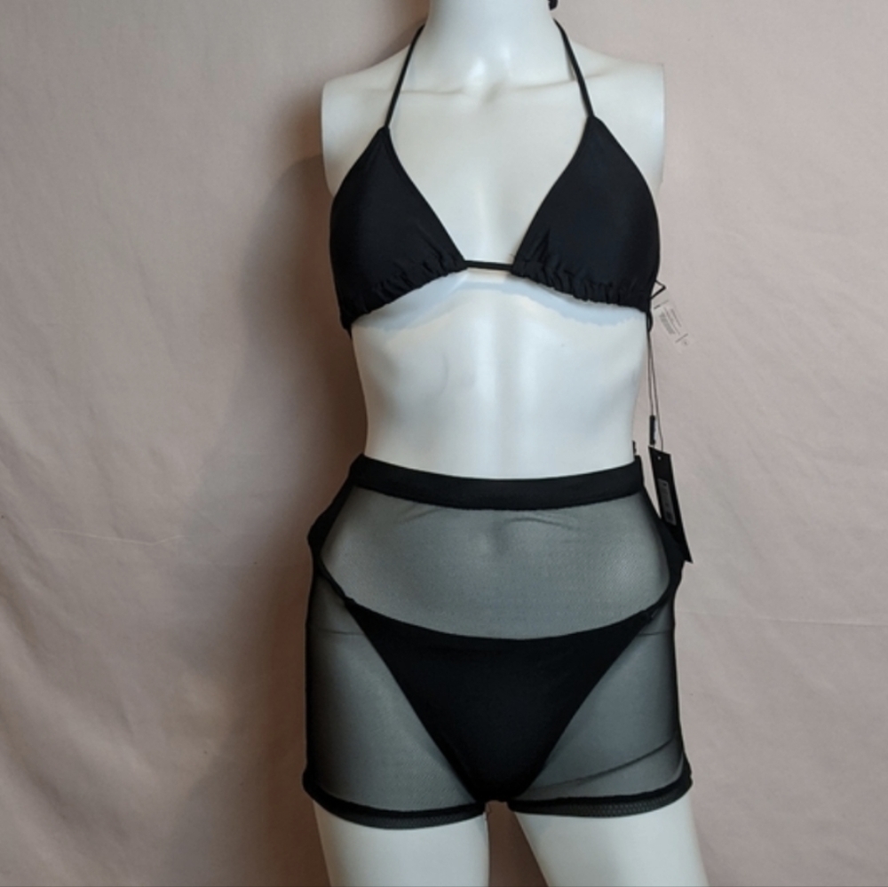 Fashion Nova Yacht Living Black Bikini and Mesh Shorts 4 Piece Set size Small